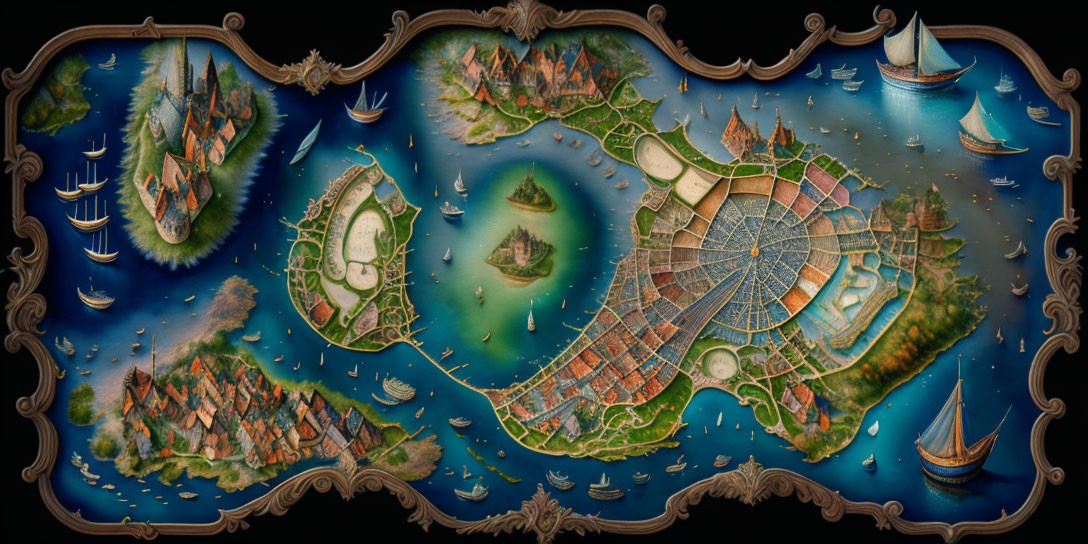 Detailed Fantasy-Style Map with Islands, City, Sailboats, and Decorative Border