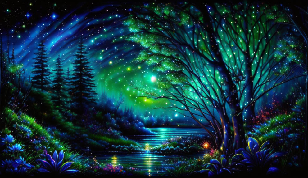 Luminous night scene with stars, lake, and aurora-lit sky