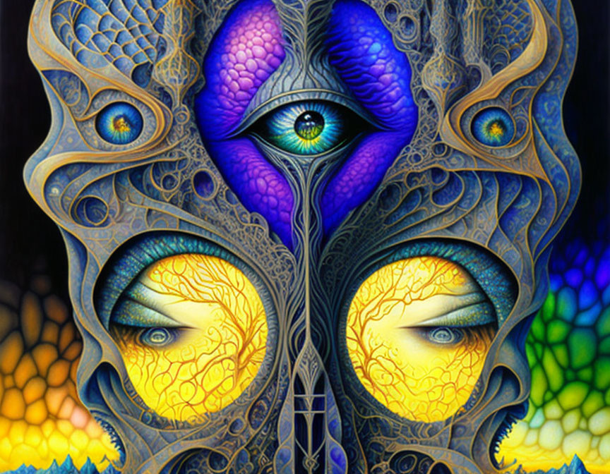 Colorful psychedelic artwork with intricate patterns and three eyes in blue, purple, and yellow hues.