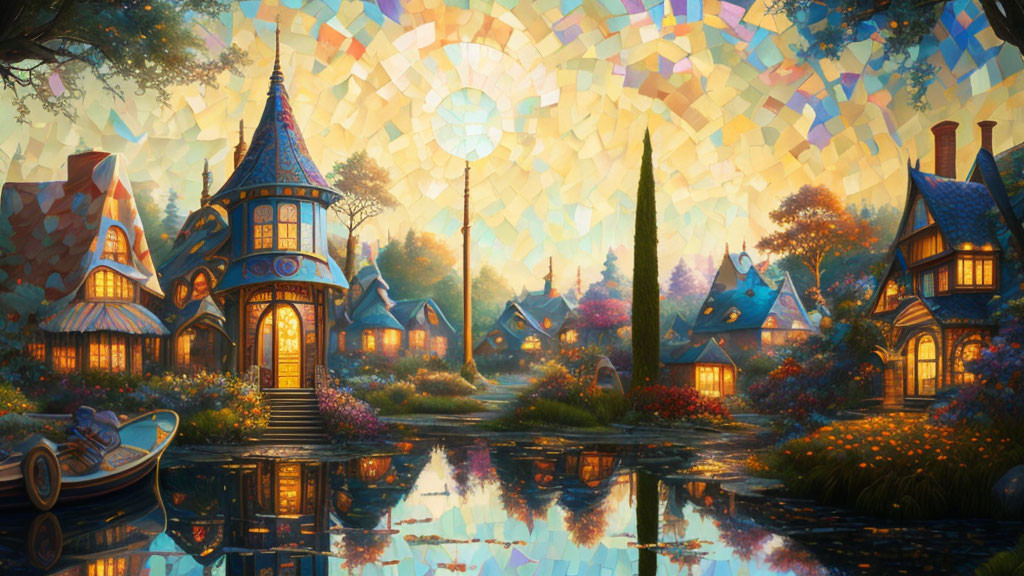 Vibrant fantasy village with river, boat, and iridescent sky