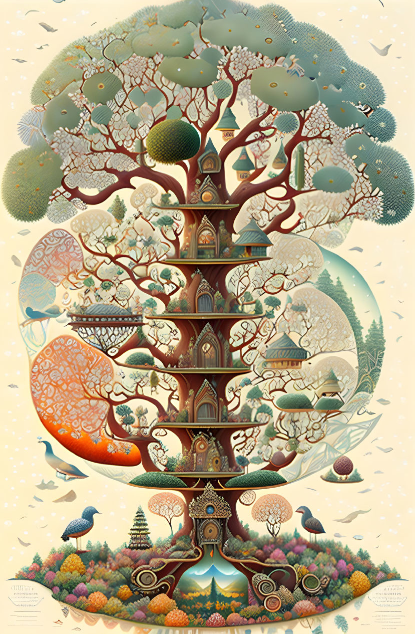 Fantastical tree illustration with whimsical houses and colorful flora