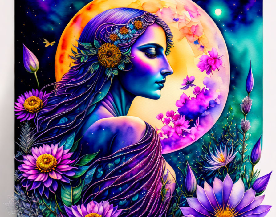 Colorful profile portrait of a woman with floral decorations under a full moon.