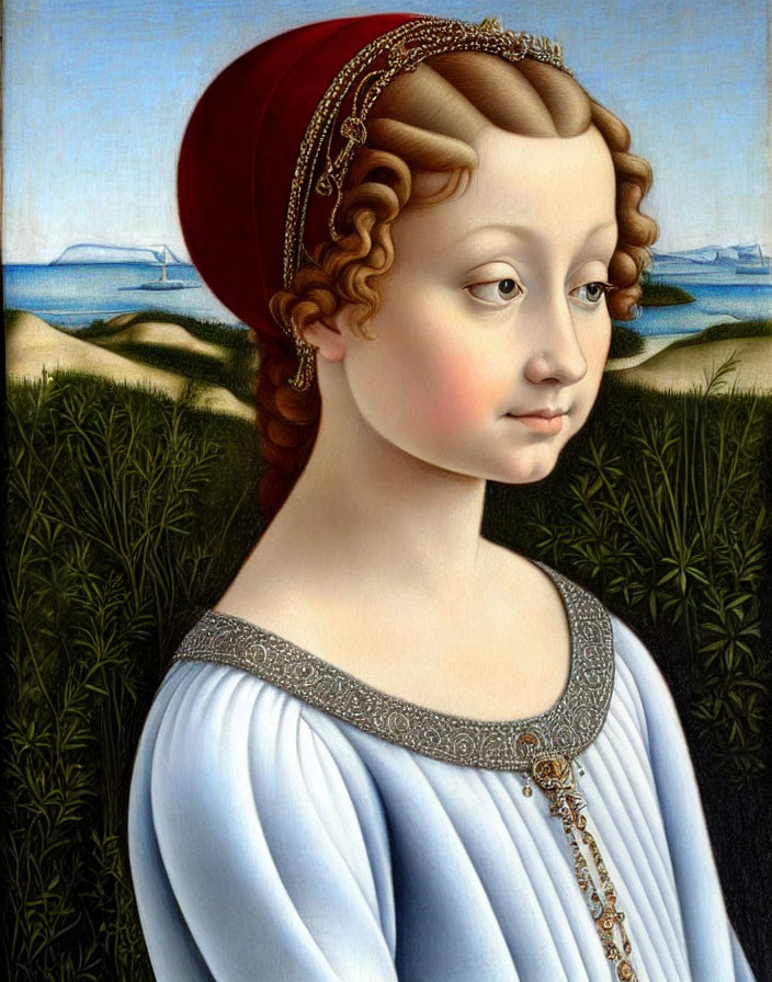 Renaissance-style portrait of young woman in red hat and blue dress