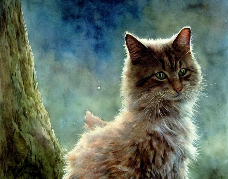 Fluffy cat with green eyes in a serene setting