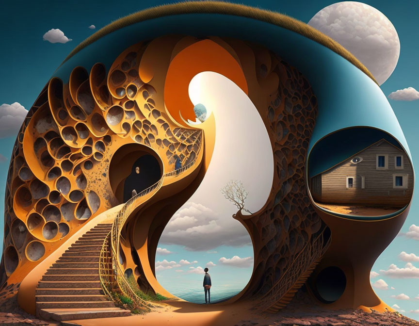 Person standing before nautilus-shell structure, tree, house, moons in surreal scene