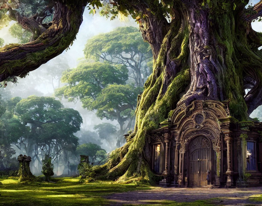 Enchanted forest with massive moss-covered trees and wooden door