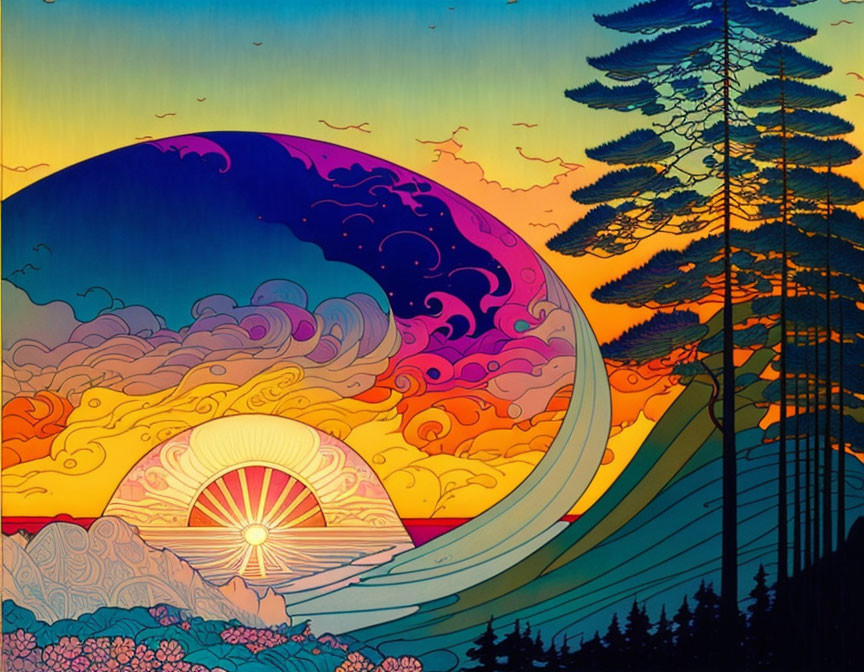 Colorful Wave Illustration with Sunrise, Pine Trees, and Gradient Sky