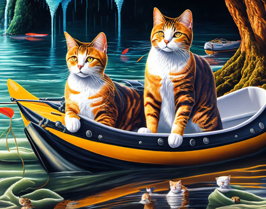 Orange Tabby Cats in Canoe Surrounded by Water and Cat-Faced Fishes