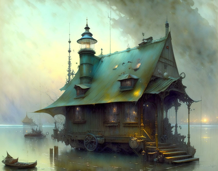 Fantastical house on wheels with lighthouse tower in misty waterscape