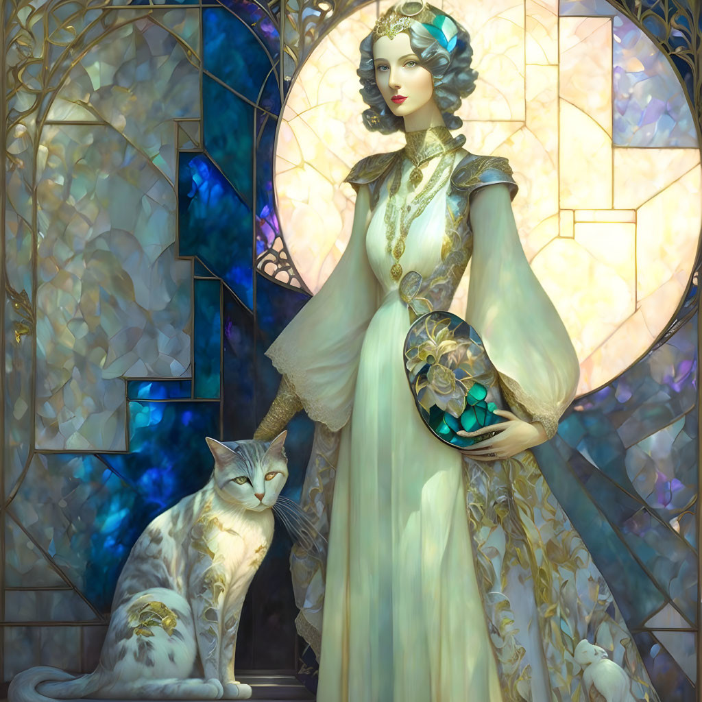 Vintage-dressed woman with blue orb and cat against stained glass backdrop