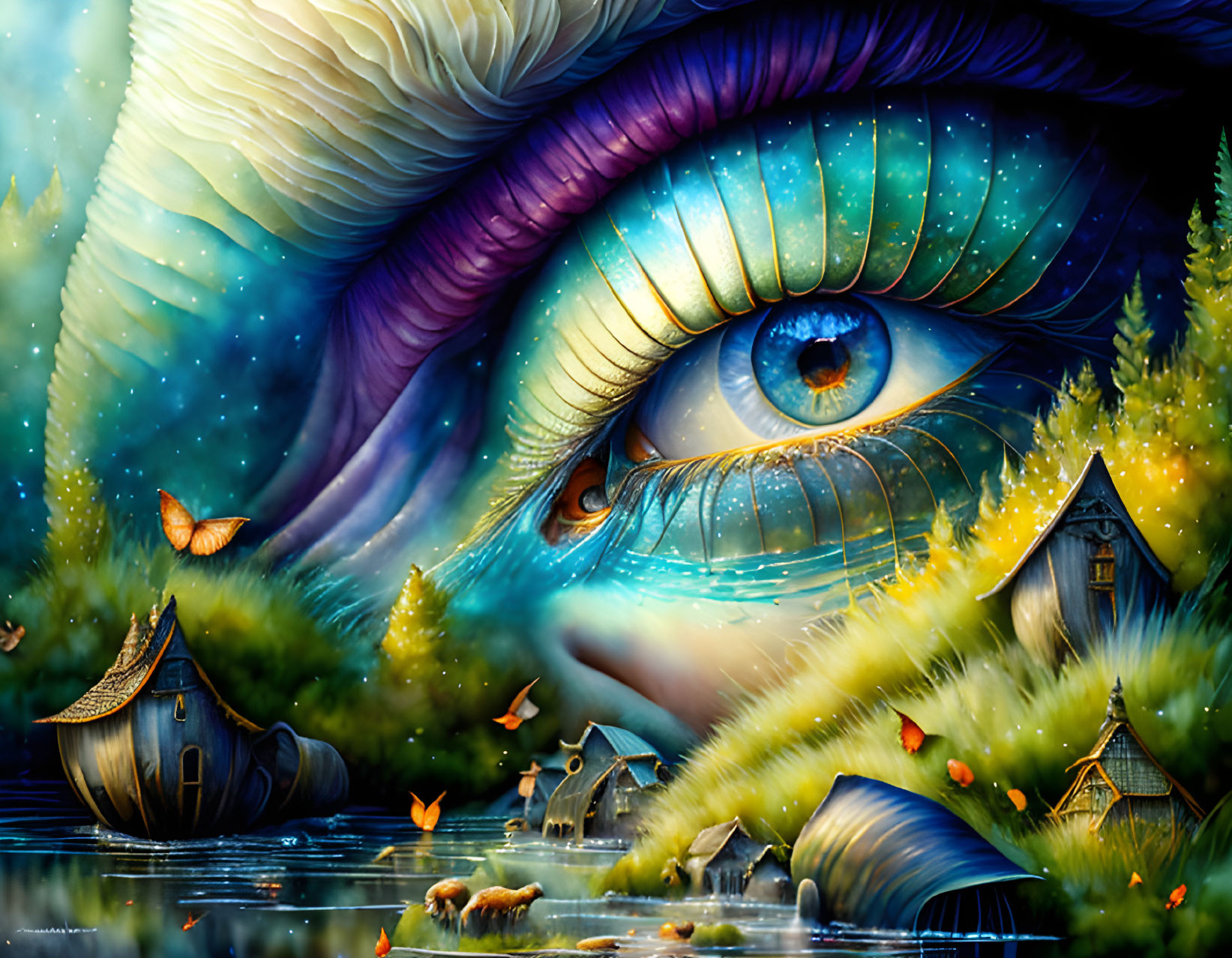 Fantasy illustration of colossal cosmic eye overlooking serene village