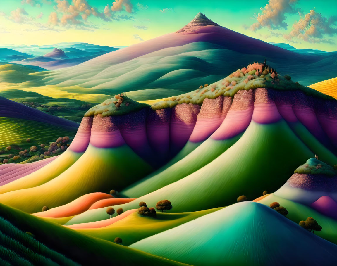 Surreal colorful rolling hills and undulating landscapes with shrubbery