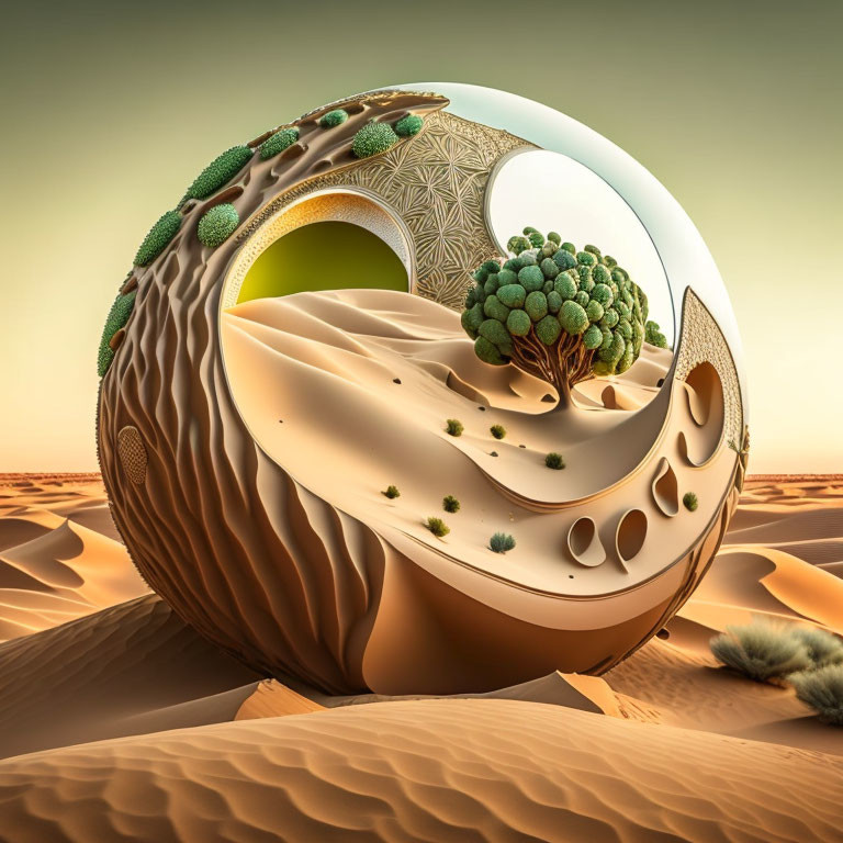 Surreal spherical organic habitat in desert landscape