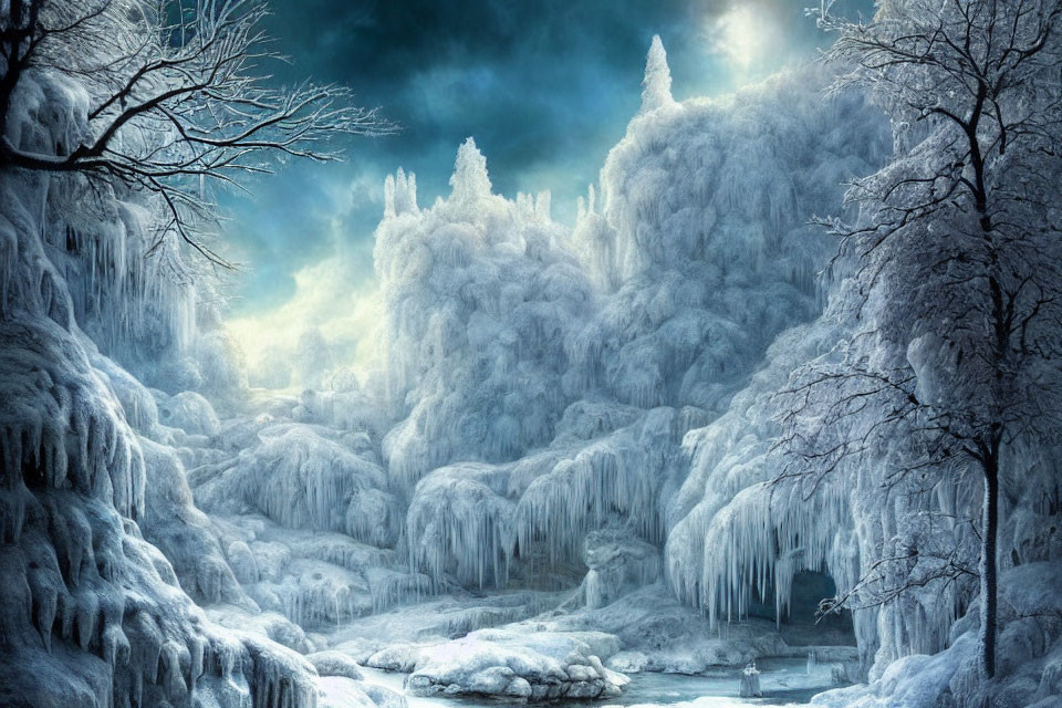 Frost-covered trees, icicles, frozen river in wintry landscape