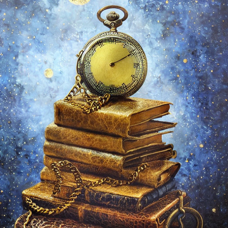 Antique pocket watch on leather-bound books with starry backdrop