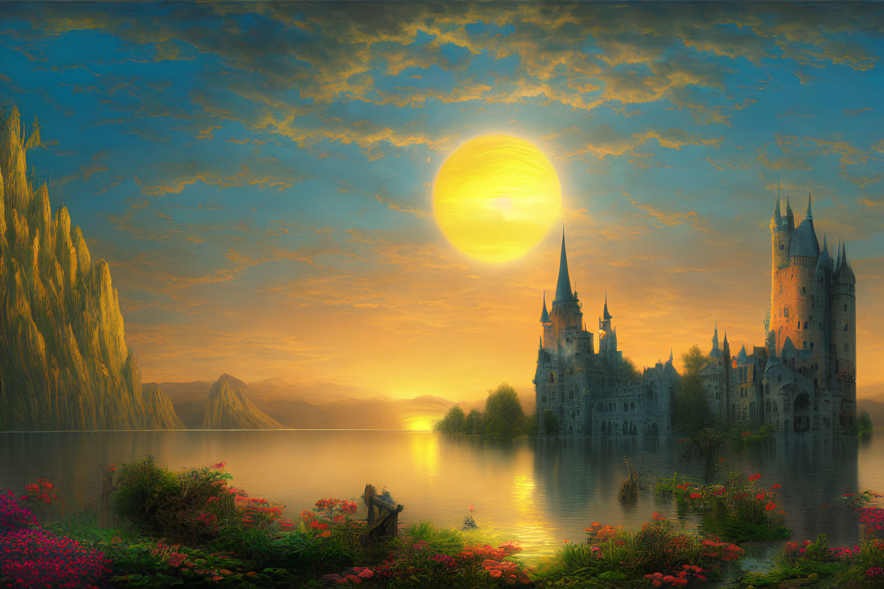 Majestic castle at sunset over tranquil lake