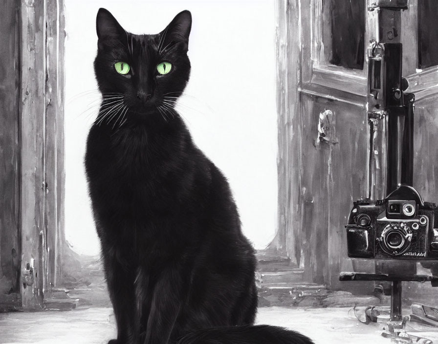 Black Cat with Green Eyes Poses with Vintage Camera in Grayscale Room