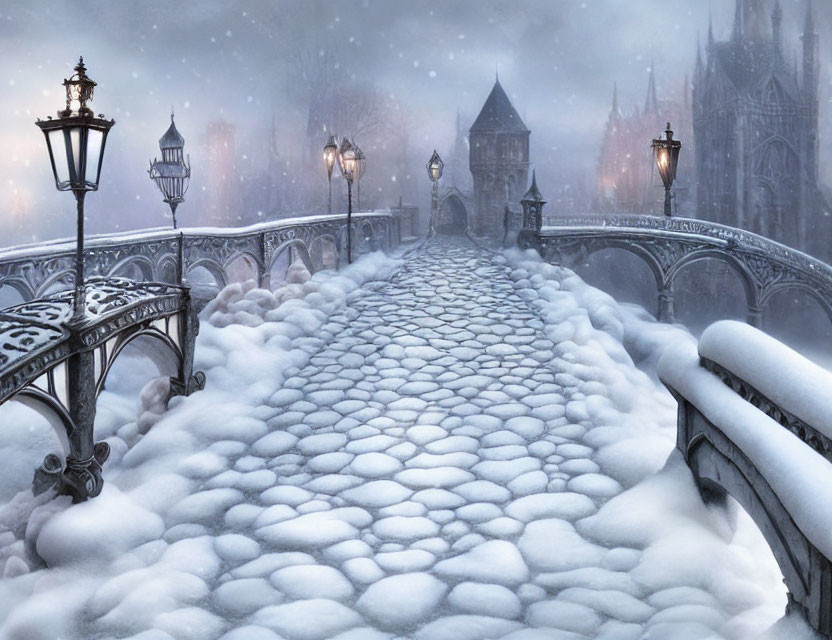 Snowy cobblestone bridge and gothic castle in foggy winter scene