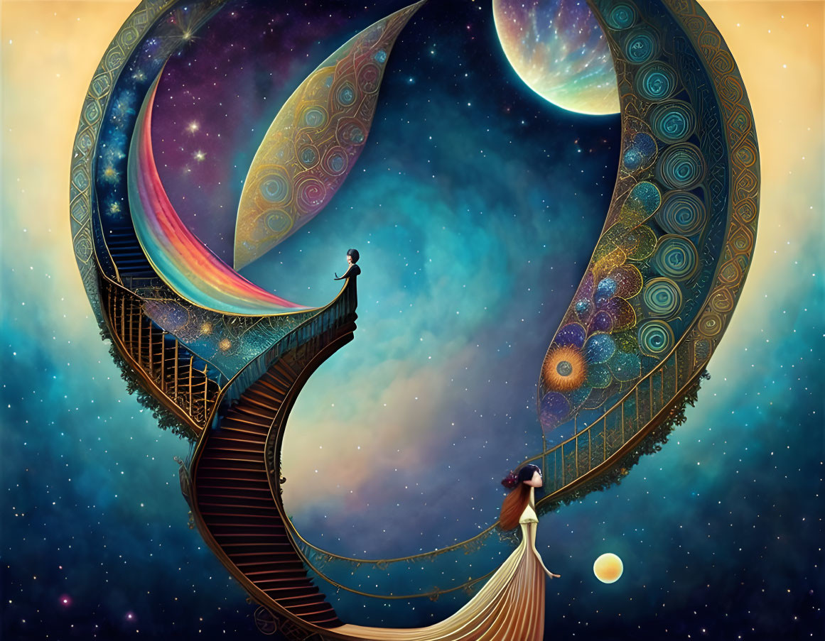 Surreal image of man and woman on crescent moon stairways