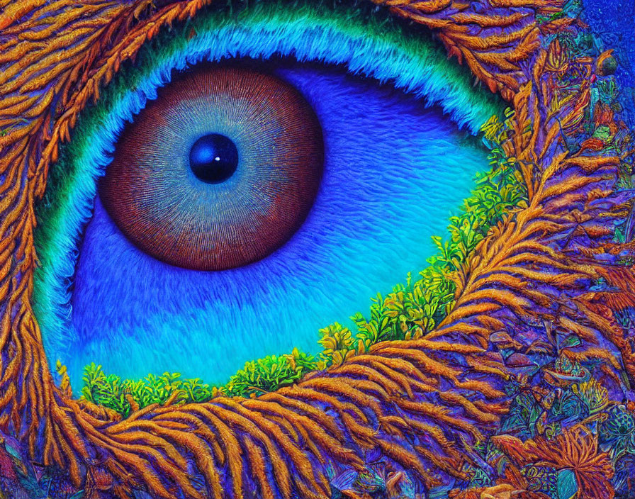 Colorful Close-Up of Stylized Eye with Nature and Fantasy Elements