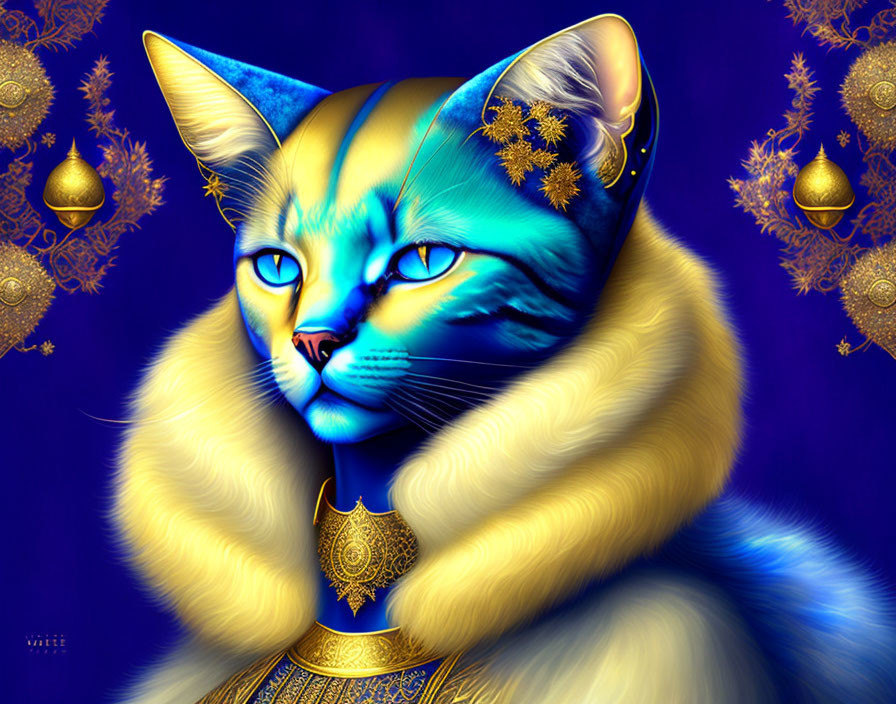 Regal cat digital art: golden fur, blue overlay, ornate collar, snowflakes,