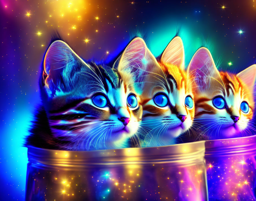 Four colorful kittens in jars on cosmic backdrop