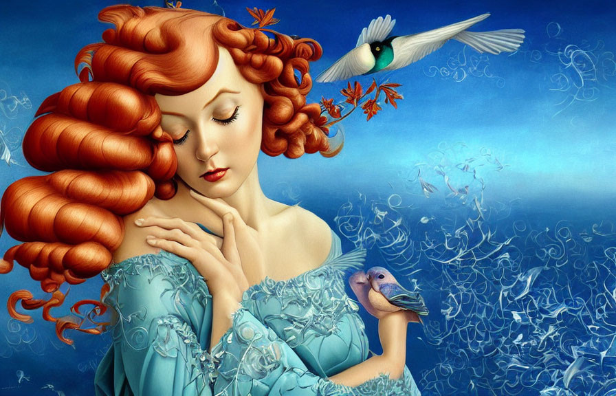 Woman with Red Hair in Blue Dress Surrounded by Birds and Fish