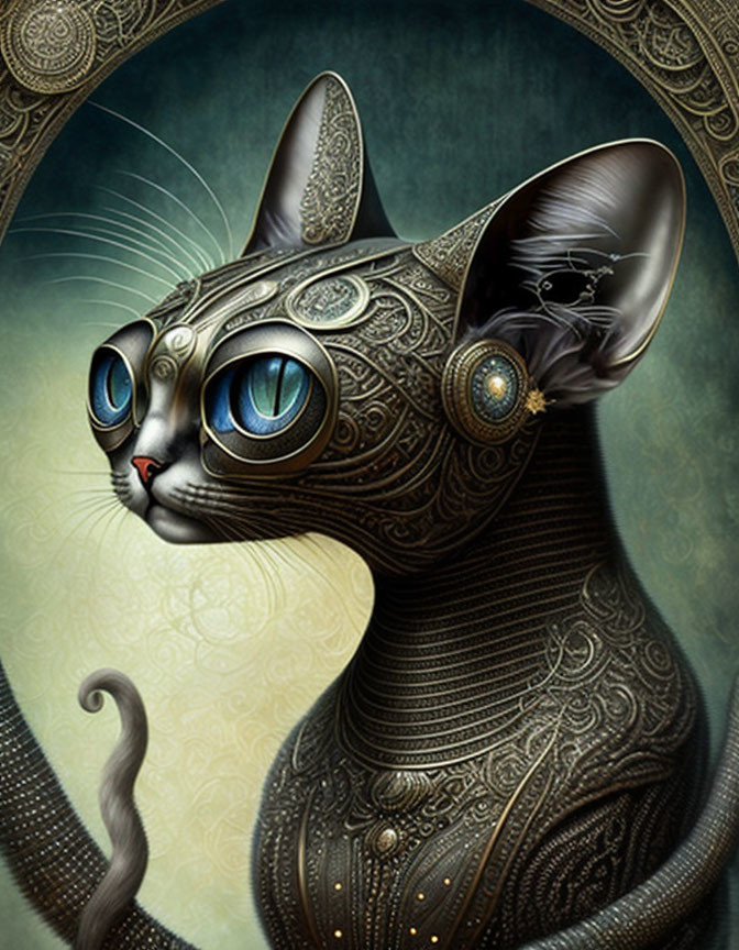 Stylized cat digital artwork with intricate patterns and blue eyes