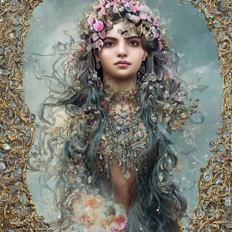 Teal-haired woman in floral crown and jewelry in golden frame