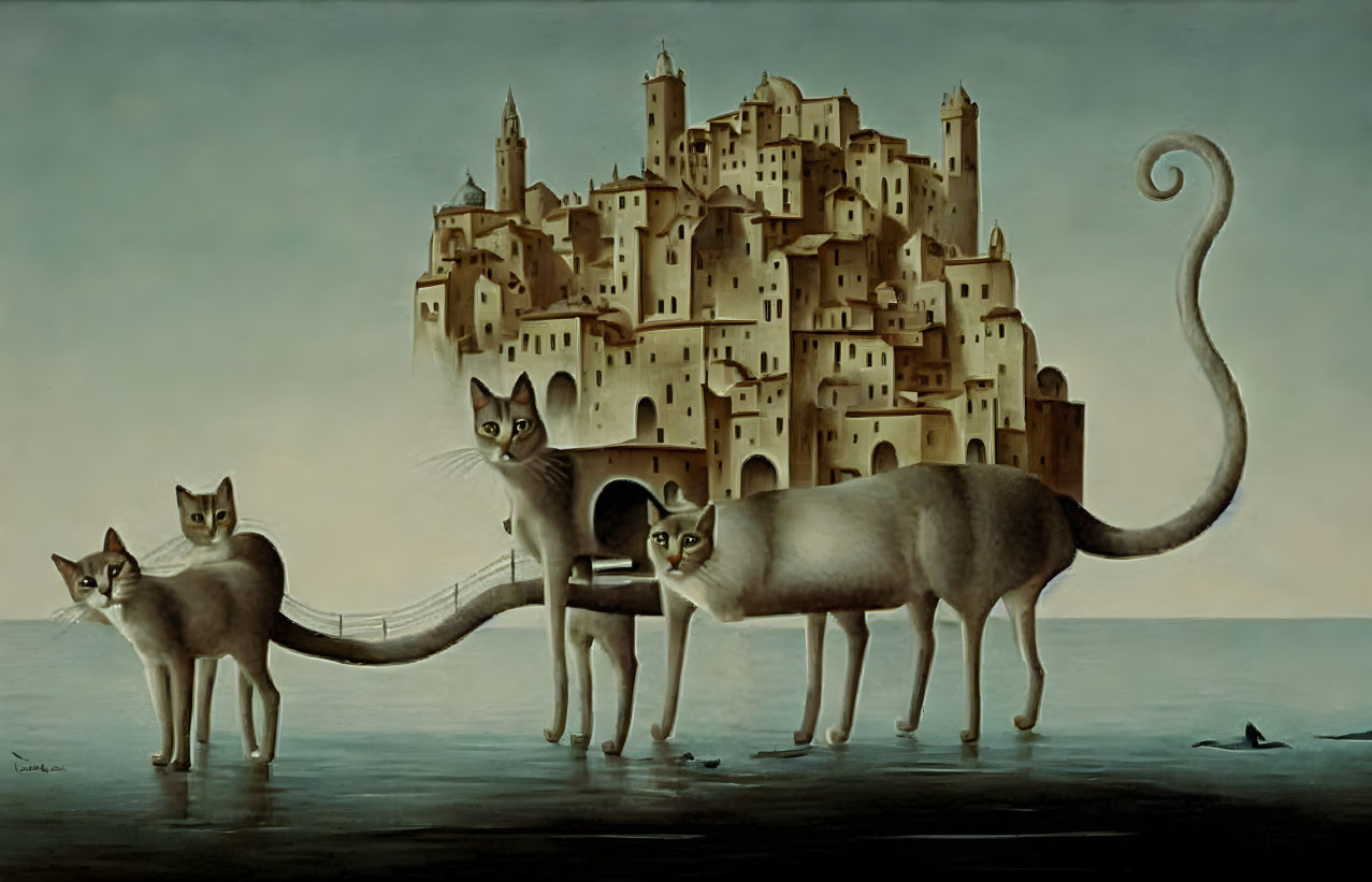 Surrealist artwork of elongated cats with multiple faces against ocean backdrop