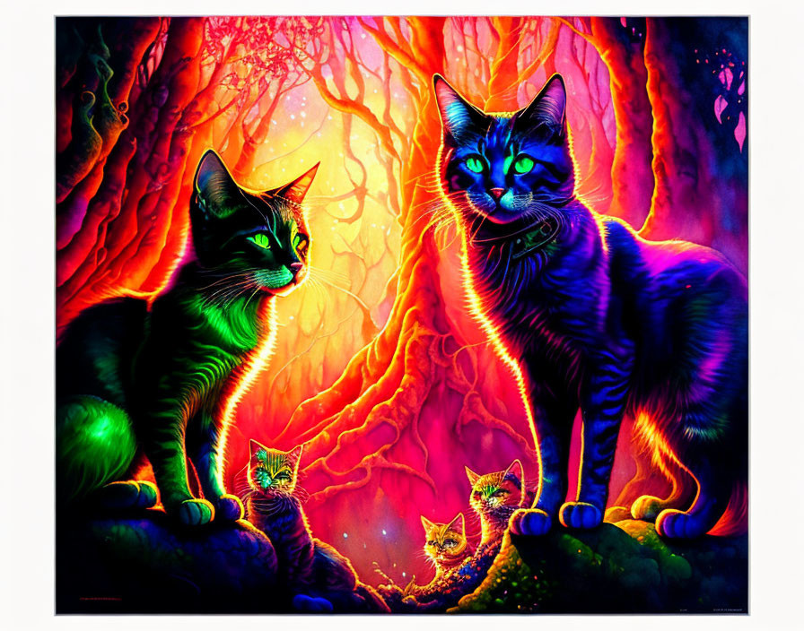 Colorful Fantastical Forest with Vibrant Cats and Glowing Eyes