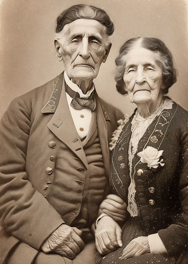 Elderly Couple in Vintage Clothing: Man in Suit and Bow Tie, Woman in Dark Dress