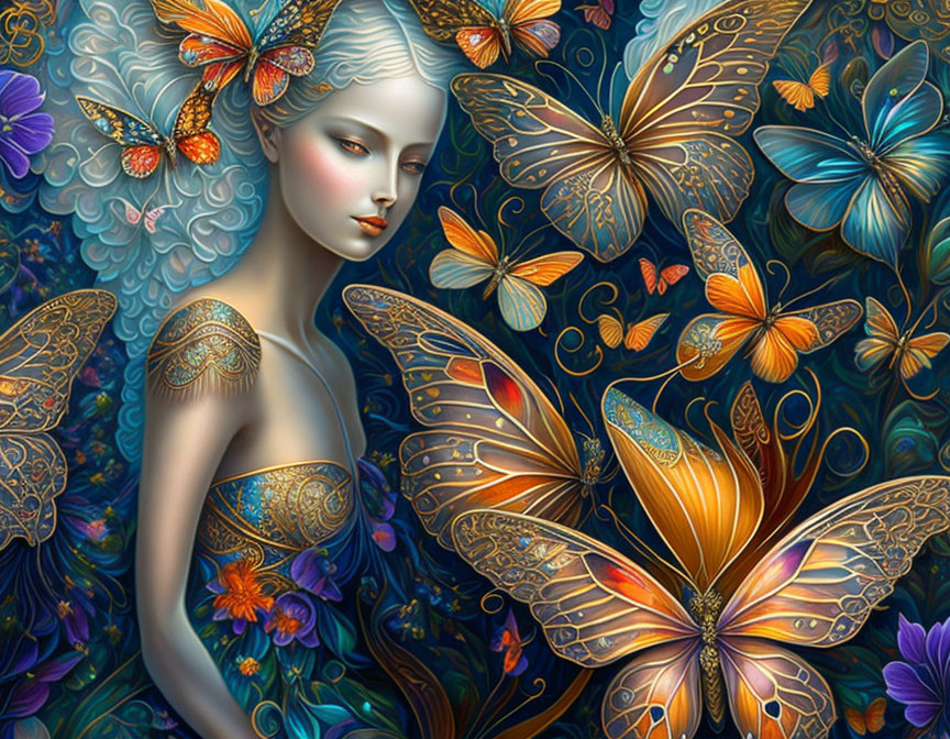 Fantasy illustration of female figure with butterfly wings and motifs, surrounded by vibrant butterflies on floral background