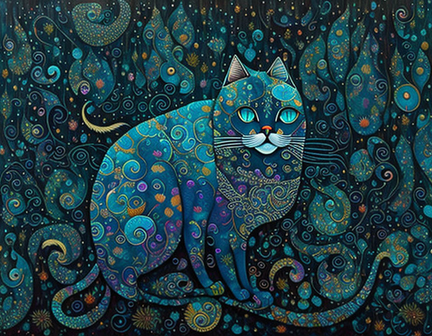 Colorful Stylized Painting of Blue Cat with Swirls on Dark Background