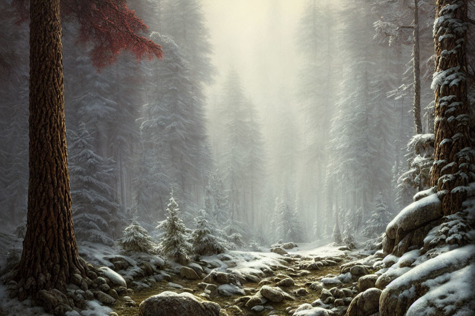 Misty snowy forest with tall trees and rocky path