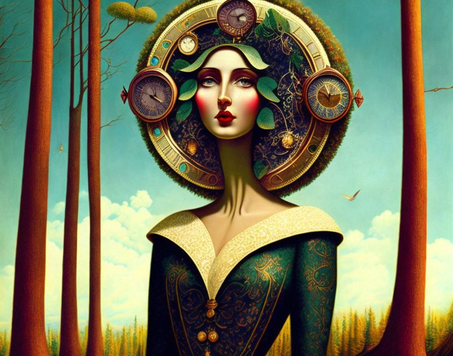 Surreal artwork of woman with clockwork halo in autumn forest