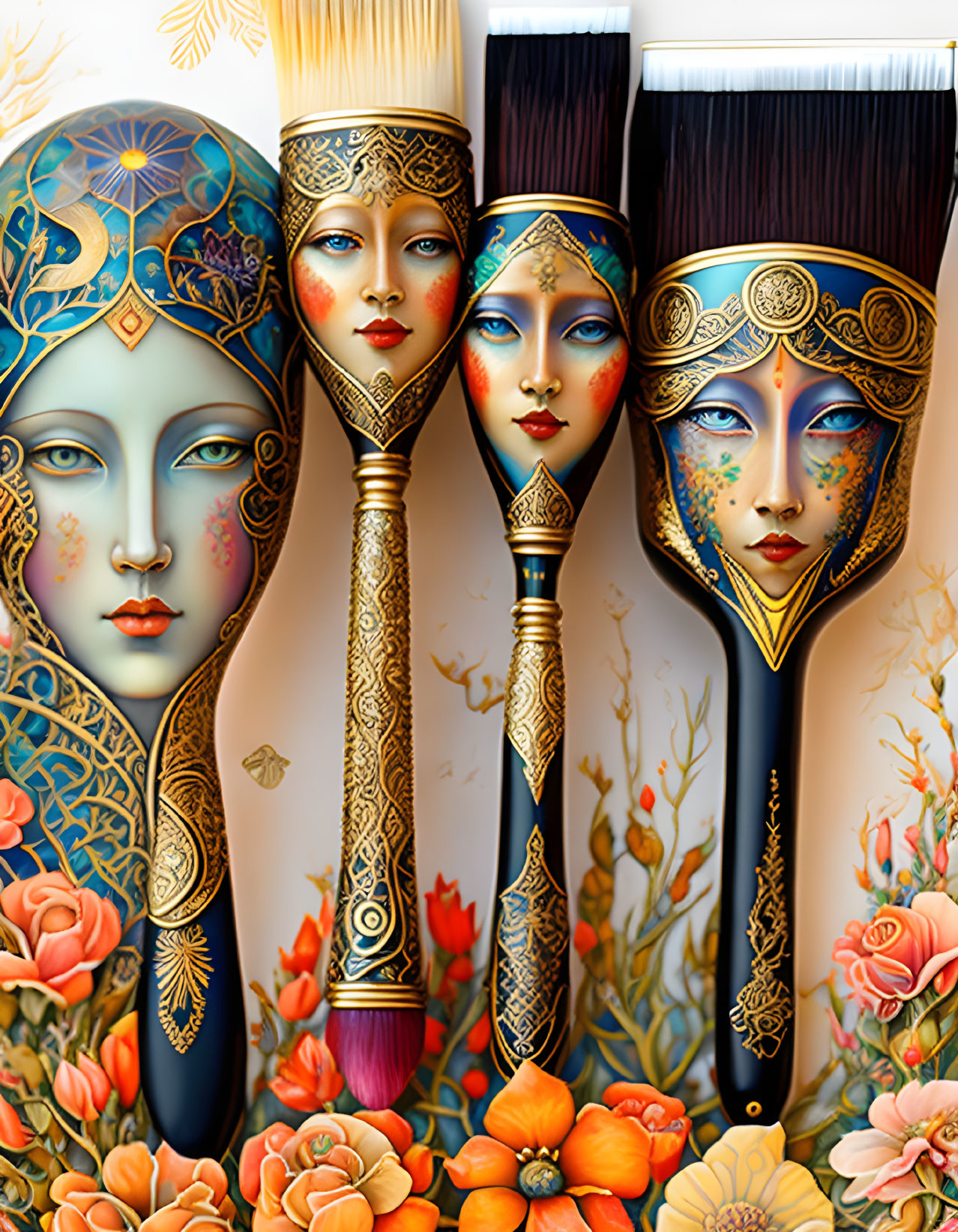 Paintbrushes with elegant womanly faces and ornate designs among colorful flowers