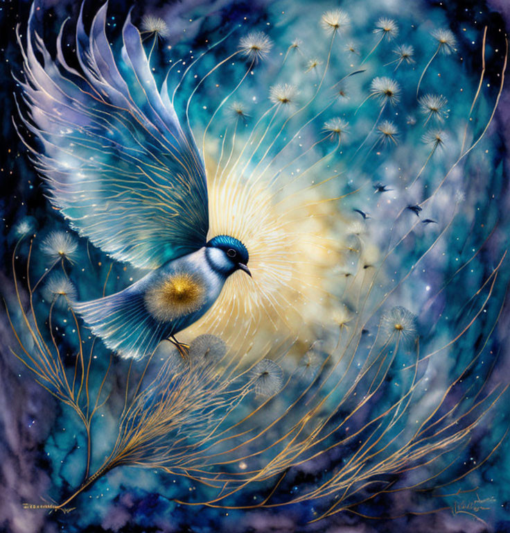 Fantastical bird painting with dandelion seed wings in starry night sky