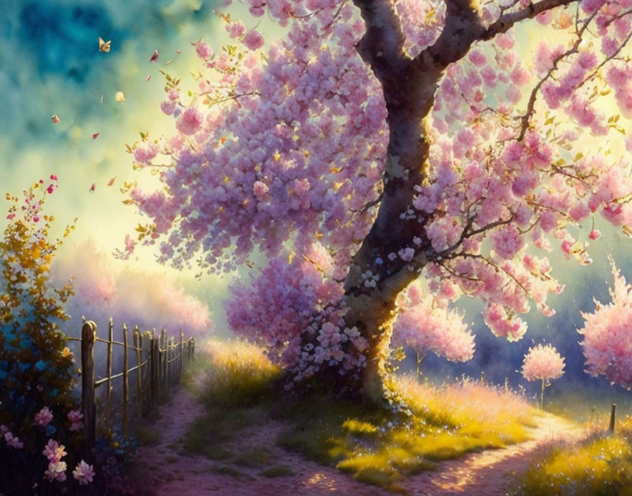 Colorful Cherry Blossom Tree Painting with Fence, Path, and Butterflies