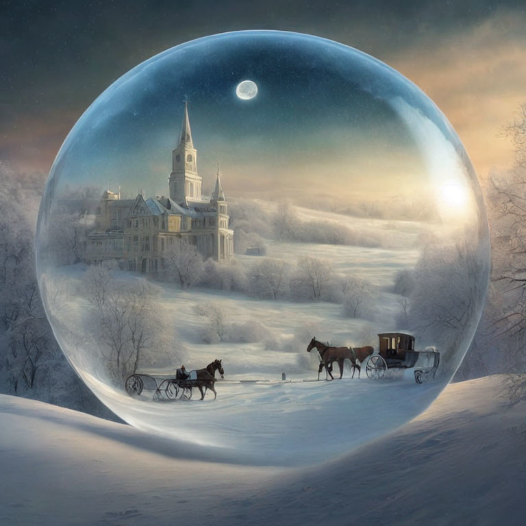 Wintry landscape with vintage carriage and horses in glowing sphere