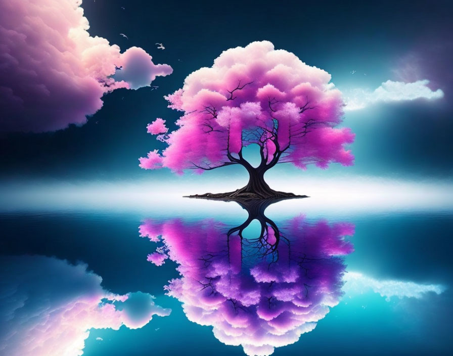 Vibrant digital art: Pink tree reflected on water, blue sky with pink clouds