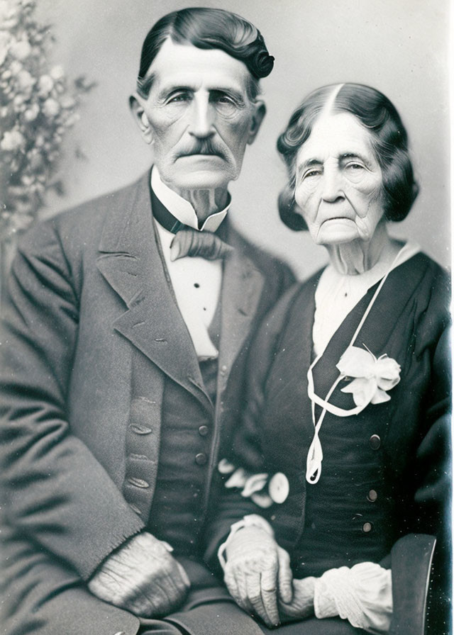 Elderly couple in vintage portrait: man in suit, woman in dark dress