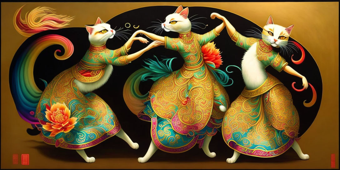 Elegantly Dressed Anthropomorphic Cats Dancing in Intricate Patterns