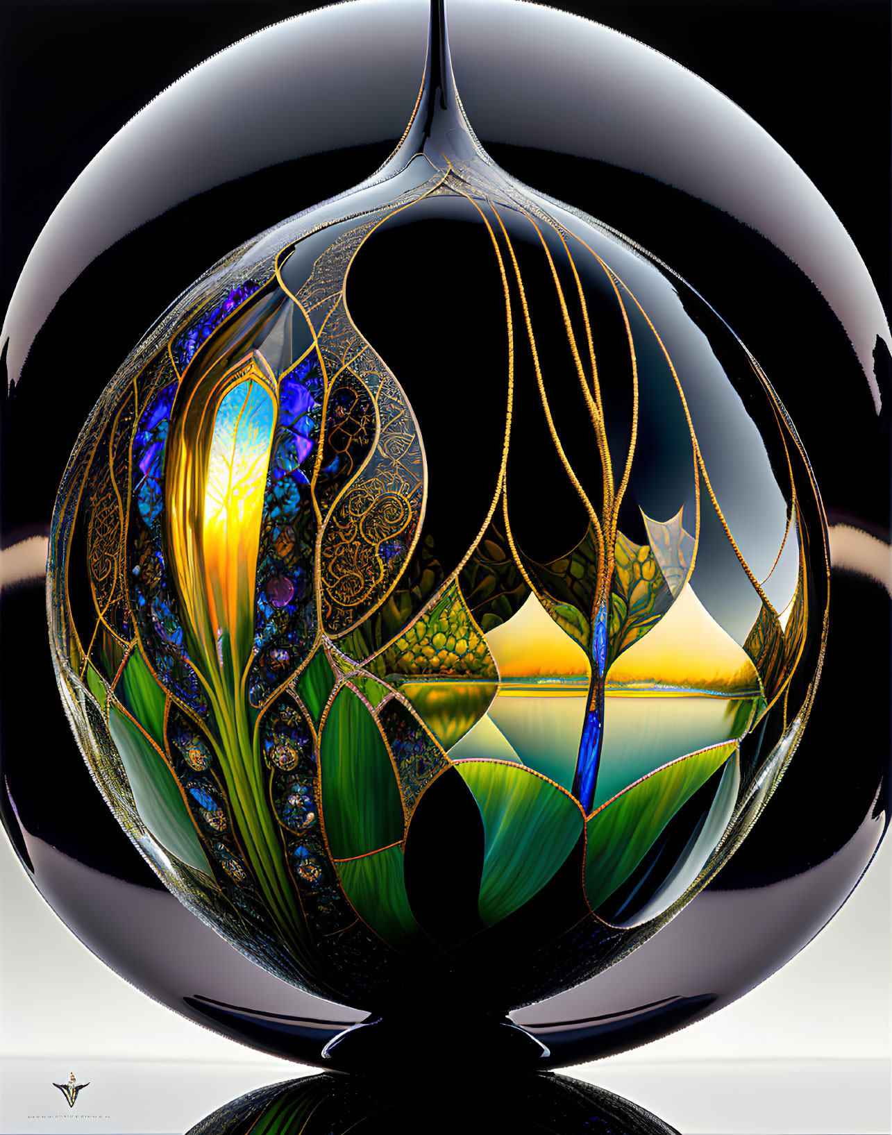 Colorful Fractal Design on Glossy Sphere with Symmetrical Composition