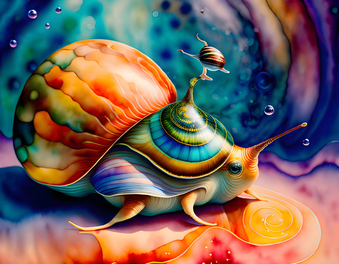 Colorful Snail Illustration with Spiraled Shell and Bubbles