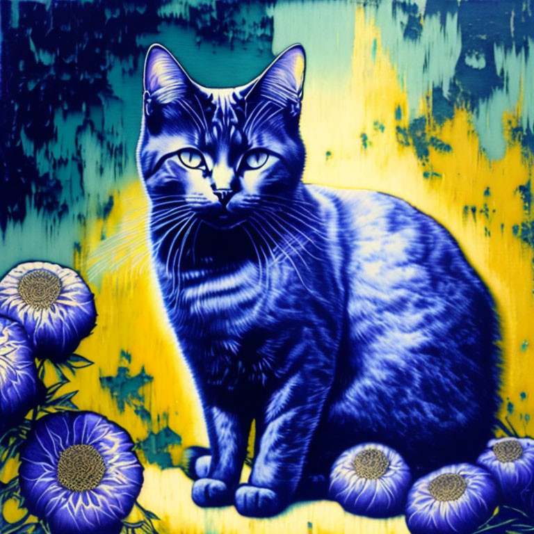 Blue Cat on Yellow and Green Background with Purple Flowers