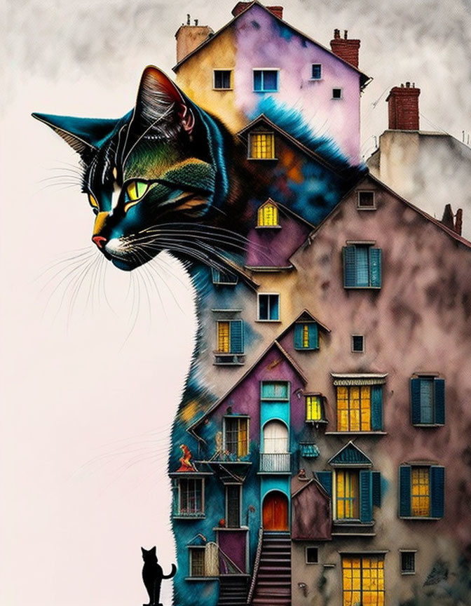 Cat Profile with Colorful Houses: Surreal Illustration Blend