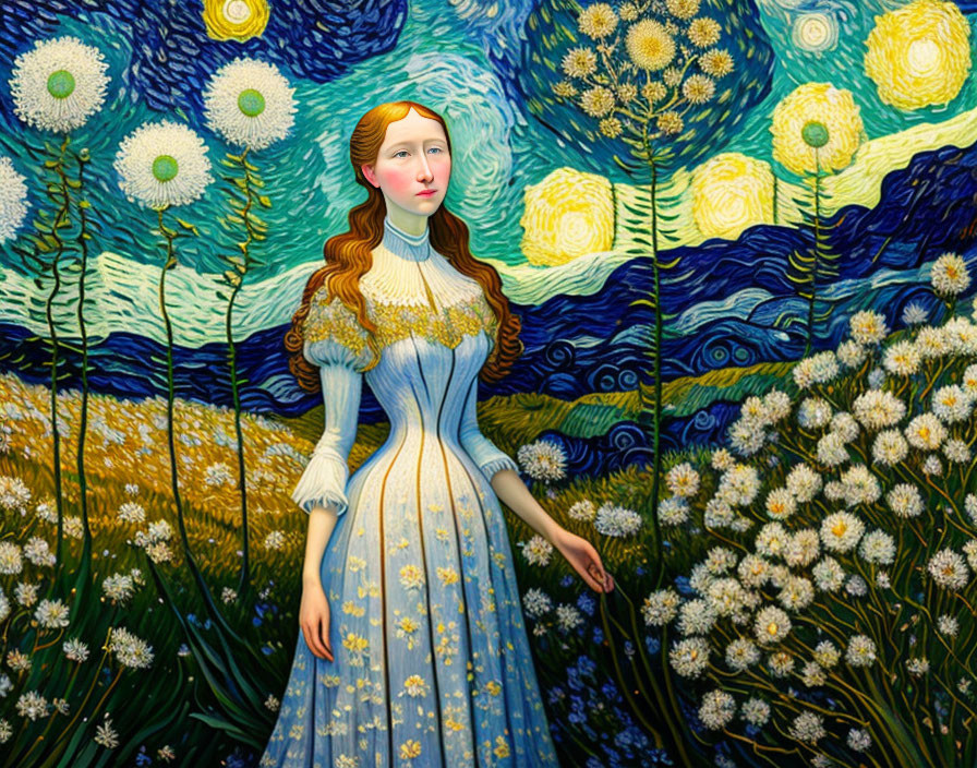 Colorful woman in blue-striped dress in Van Gogh-style night sky with sunflowers