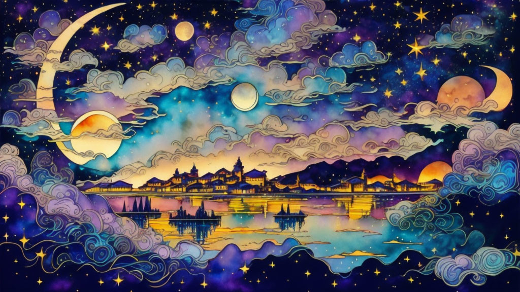 Whimsical watercolor illustration of starry night sky with moons above Asian-style palace.