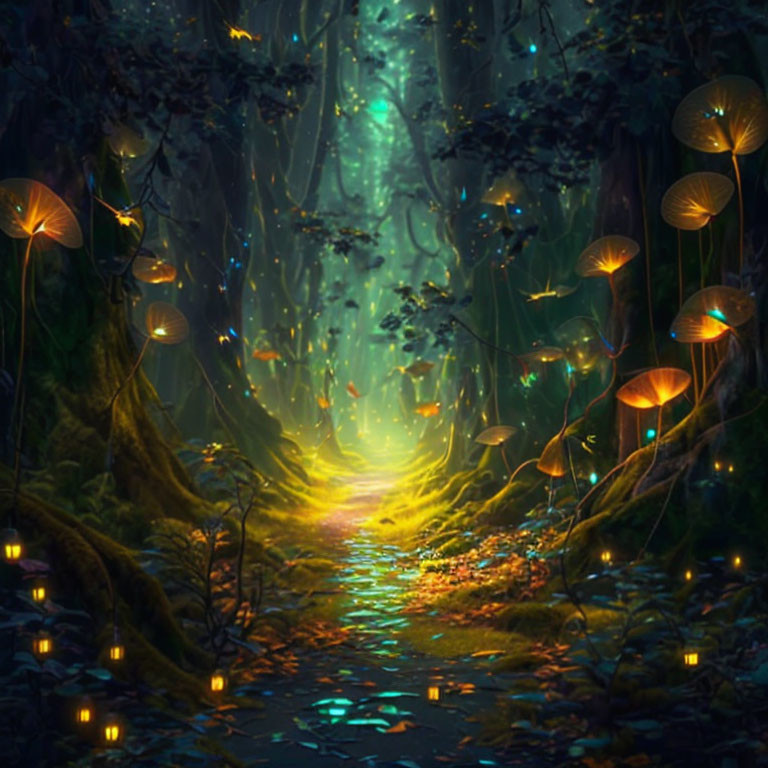 Enchanting forest with glowing mushrooms, fireflies, moss-covered floor, and mysterious light.